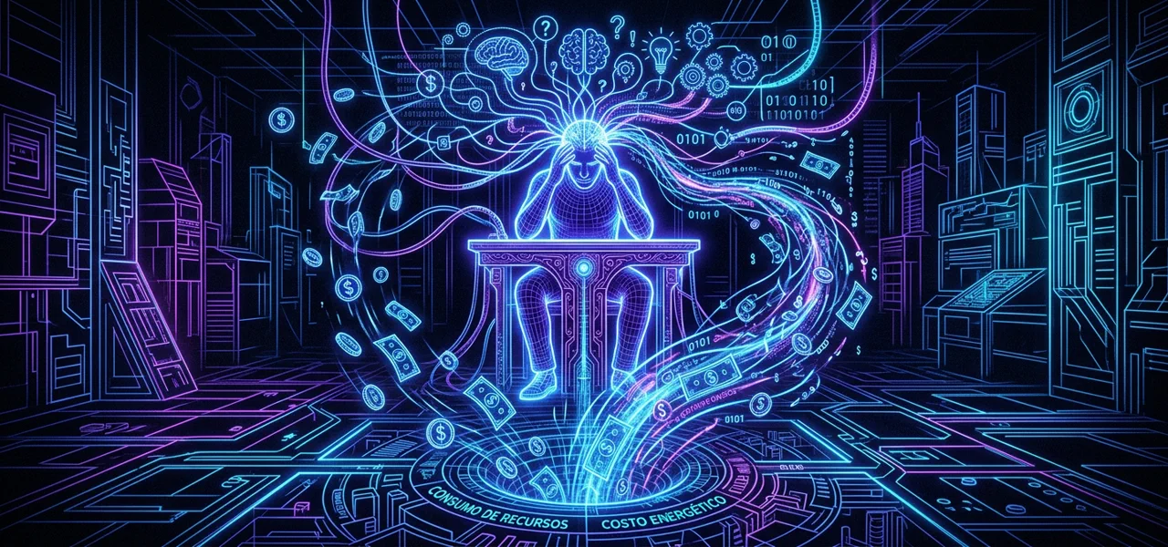 Ilustración abstracta de dos consultas de IA — una rápida como un rayo, otra laberíntica y costosa, en tonos cian y ámbar sobre fondo oscuro