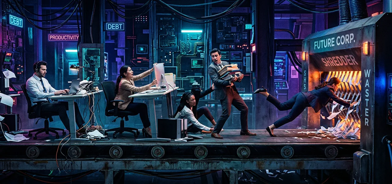 Ilustración abstracta de una balanza con figuras humanas en ambos lados, desplazándose, en tonos cian y tierra sobre fondo oscuro