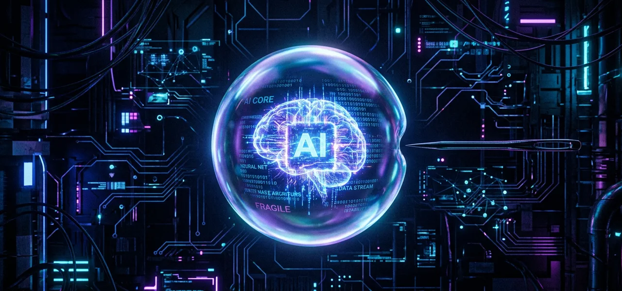 Ilustración abstracta de una burbuja financiera con circuitos y datos dentro, reflejando inestabilidad, en tonos cian y ámbar sobre fondo oscuro